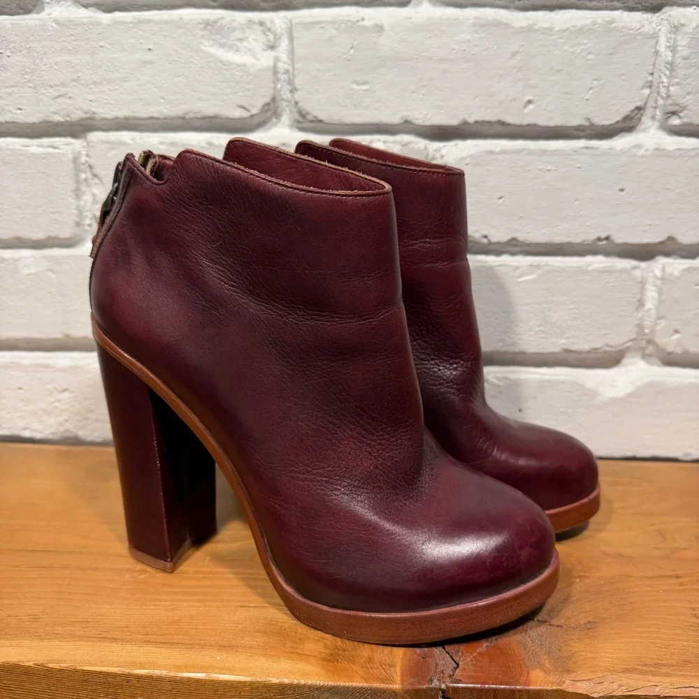 Dolce Vita Burgundy Leather Ankle Boots Chunky 70s Platform Block Heel Size 9.5